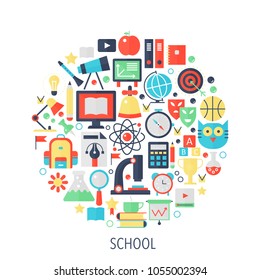 School education flat infographics icons in circle - color concept illustration for School cover, emblem, template.