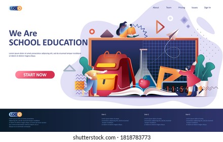 School education flat landing page template. Elementary schools education web banner. Shopping school supplies, backpack and textbook 3d composition. Web page vector illustration.