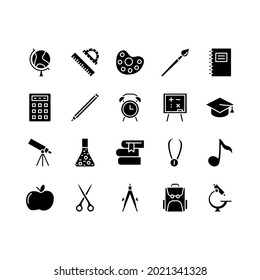 Bildungs- und Bildungs-Flachbildsymbole gesetzt. Buch, Graduiertenhut, Stift, Stift, Lineal, Apfel, Taschenrechner. Einfache flache Vektorgrafik für Webseiten oder mobile App.