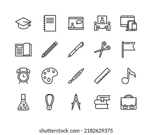 School and education flat line icons set. Book, graduate hat, pen, pencil and other. Simple flat vector illustration for web site or mobile app.