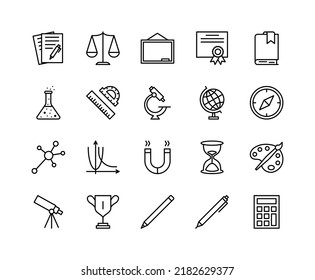 School and education flat line icons set. Book, graduate hat, pen, pencil and other. Simple flat vector illustration for web site or mobile app.