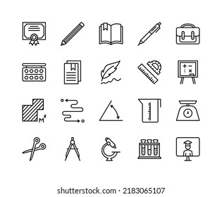School and education flat line icons set. Book, graduate hat, pen, pencil and other. Simple flat vector illustration for web site or mobile app.