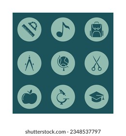 Juego de iconos de línea plana de educación y escuela. libro, sombrero de graduado, lápiz, regla, manzana, calculadora. Ilustración vectorial plana simple para sitio web o aplicación móvil