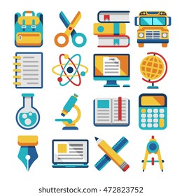 School and education flat vector icons set isolated on white