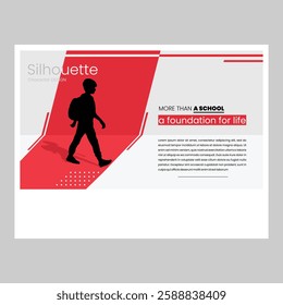 School Education Flyer Design Silhouette School Boy Backpack Magazine Web App UIUX Design Red White Clean Bright Style