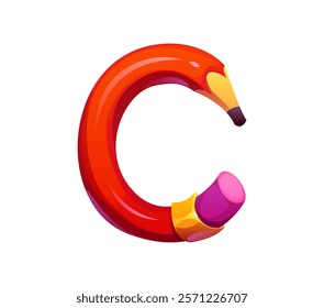 School education font pencil stationery C letter. Child education funny accessory latin letter, student creative classes supply vector ABC alphabet symbol or study cartoon stationery font element