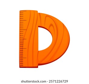 School education font protractor stationery D letter. School study supply ABC alphabet element, education cartoon stationery vector symbol or child creative classes funny accessory font letter