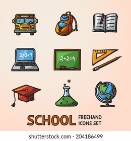 School (education) freehand colored icons set with - globe, notebook, blackboard, backpack, text book, graduation cap, school bus, science bulb.