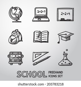 School (education) freehand icons set with - globe, notebook, blackboard, backpack, text book, graduation cap, school bus, science bulb.