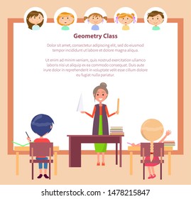 School education, geometry class and subject teacher vector. Pupils at desk and woman with ruler and cone model, knowledge and learning, boys and girls. Back to school concept. Flat cartoon