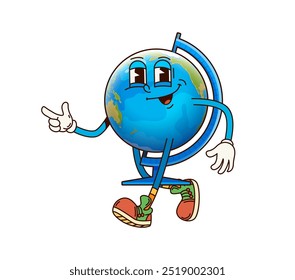 Carácter groovy del globo de la educación escolar. Planeta de la tierra del Vector de la historieta aislada, mapa geográfico retro, personaje educativo del artículo con la expresión facial sonriente y confiada y el gesto que señala