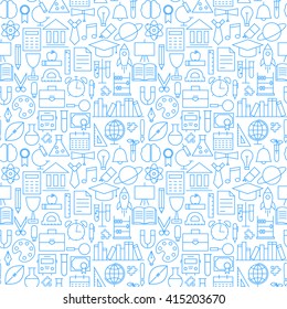 School Education Graduation Seamless White Pattern. Vector Science Design and Seamless Background in Trendy Modern Line Style. Thin Outline Art