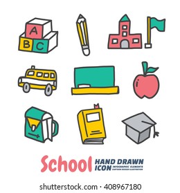 School and Education Hand Drawn cartoon vector symbols and icon set