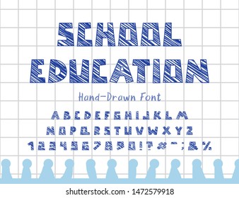 School education, hand drawn vector font. Uppercase English alphabet letters, numbers and signs. Sketched typeface on paper page background, for banner and flyer design.