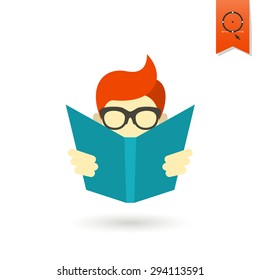 School and Education Icon - Boy Reading a Book. Vector. Flat design style