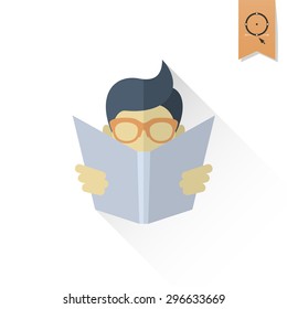 School and Education Icon - Boy Reading a Book. Vector. Flat design style