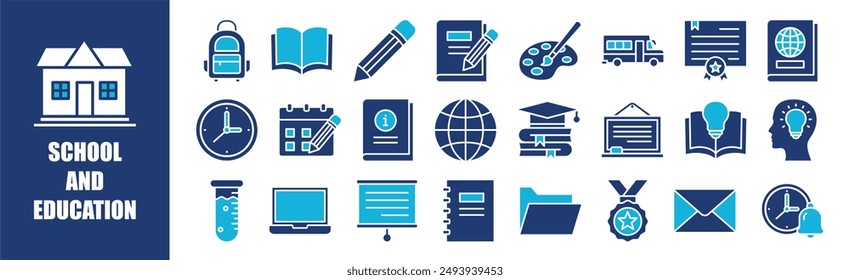 Conjunto de colecciones de iconos de escuela y Educación. Conteniendo diseño, educación, escuela, estudio, estudiante, conocimiento y más. Iconos de vector sólido colección.	