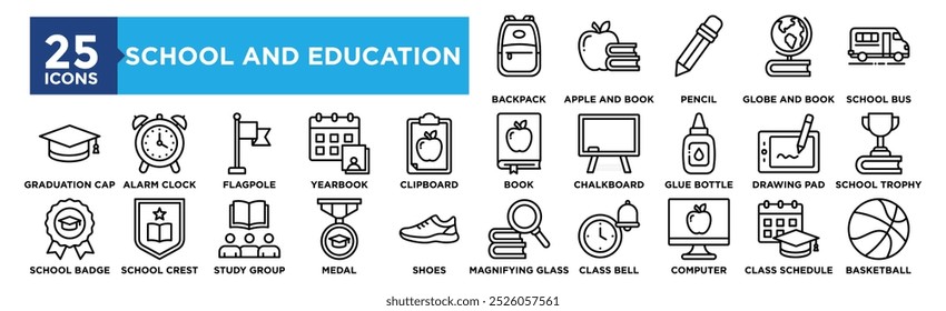 Conjunto de colección de iconos de escuela y Educación. Contiene educación de diseño, escuela, estudio, Vector, estudiante, libro, aprendizaje