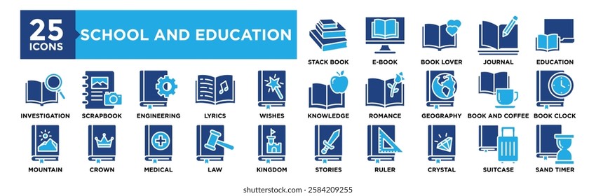 School and Education icon collection set. Containing design Education, Knowledge, Stories, Geography