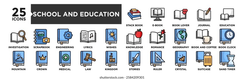 School and Education icon collection set. Containing design Education, Knowledge, Stories, Geography