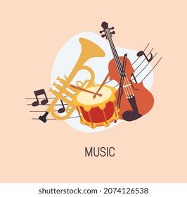 School education icon. Colorful sticker with drums, violin, notes and trumpet. Music lesson. Playing musical instruments. Design element for social networks. Cartoon modern flat vector illustration