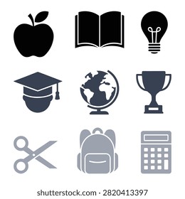 School and Education Icon Set with Apple Book Lightbulb and Trophy