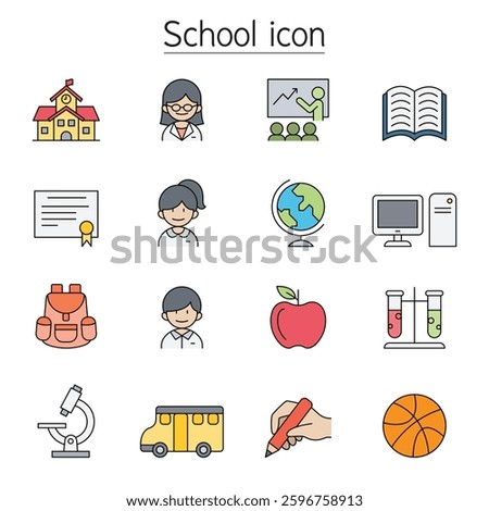 School in Education icon set in color line style in color line style