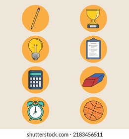 School and School Education Icon Set consists of clock, lamp, trophy, calculator and much more.