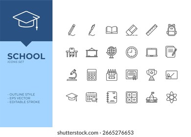 School education icon set featuring books, graduation cap, pencil, globe, and learning tools. EPS vector. For academic design projects. 