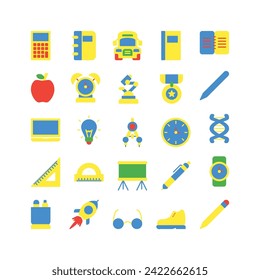 conjunto de iconos escolares y educativos. colección de iconos de color plano. Contiene iconos escolares.