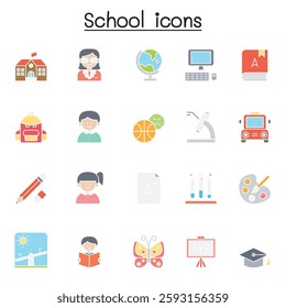 School and Education icon set in flat color style