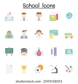 School and Education icon set in flat color style