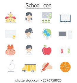 School and Education icon set in flat color style