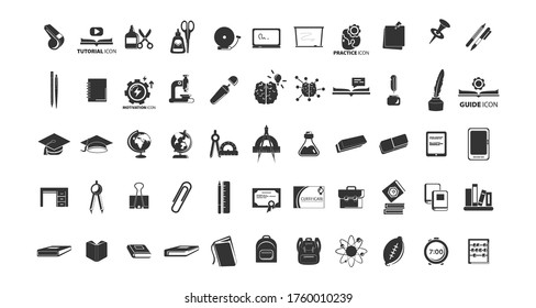 Bildungs- und Schulungssymbol mit Graduierungskappe, Bücher, Bleistift, Stift, Radierer, Tafel