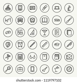 School and education icon set. School supplies isolated line style on white background. Vector design elements, business signs, logos, identity, labels and other branding objects. Vector 10 eps
