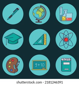 School education Icon Set. Vector style icons Contains like geography, graduation caps, exams, ideas, knowledge, biology and many more.