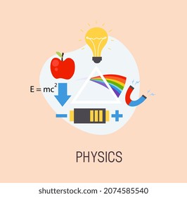 Icono de educación escolar. Pegar con manzana en caída, difracción, prisma, bombilla y electrodos. Atributos para la lección de física. Elemento de diseño para redes sociales. Dibujo vectorial plano de dibujos animados