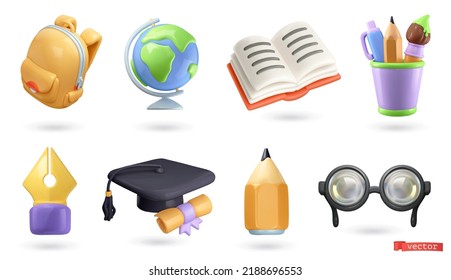 School   education icons 3d render vector set  School bag  globe  open book  brush  pencil  pen  graduation hat  glasses