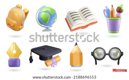 School and education icons 3d render vector set. School bag, globe, open book, brush, pencil, pen, graduation hat, glasses Foto d'archivio © 