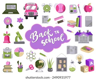 School and education icons, accessories for study. Back to school collection. School stationery and art supplies.