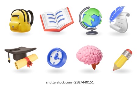 School and education icons. Back to school collection 3d render vector set. Graduation cap, school bag, globe, open book,brain, pencil, diploma. Online class concept