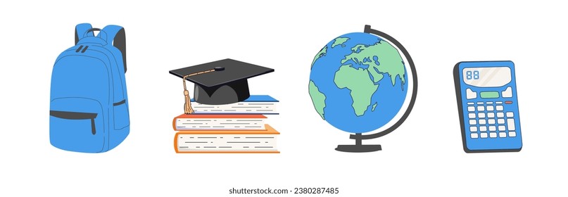 School and education icons cartoon doodle vector set. School bag, globe, open book, brush, pencil, pen, graduation hat, glasses. Education and online class concept. Eps 10 Vector.