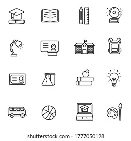 School and education icons collection draw in outline style isolated on white background 