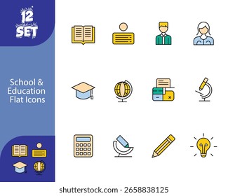 Conjunto de arte de línea de Vector plano de iconos de escuela y Educación