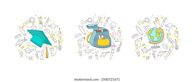 School education icons with globe, pencil, book and pen. Doodle planet Earth model and stationery for study in school, geography lesson. Education banner with sketch office supply, vector illustration