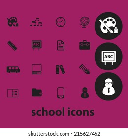 school, education icons, illustrations, signs, silhouettes set, vector