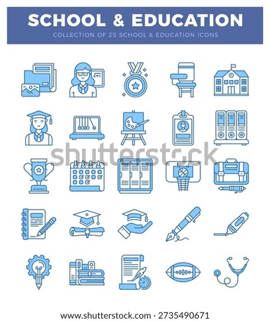 School and education icons notebook. graduation cap. pens. trophy