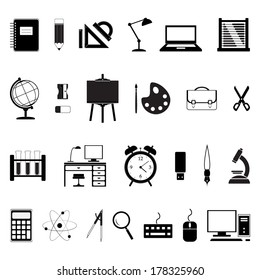 School and education icons set, black isolated on white background, vector illustration.