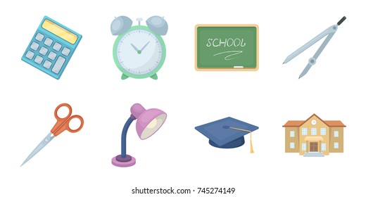 School and education icons in set collection for design.College, equipment and accessories vector symbol stock web illustration.