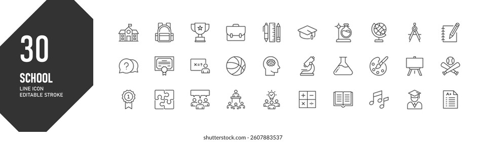 School and education icons set. Contains icons as school, education, book, study, diploma, and more. Thin line icons collection. Pixel perfect. Editable stroke.